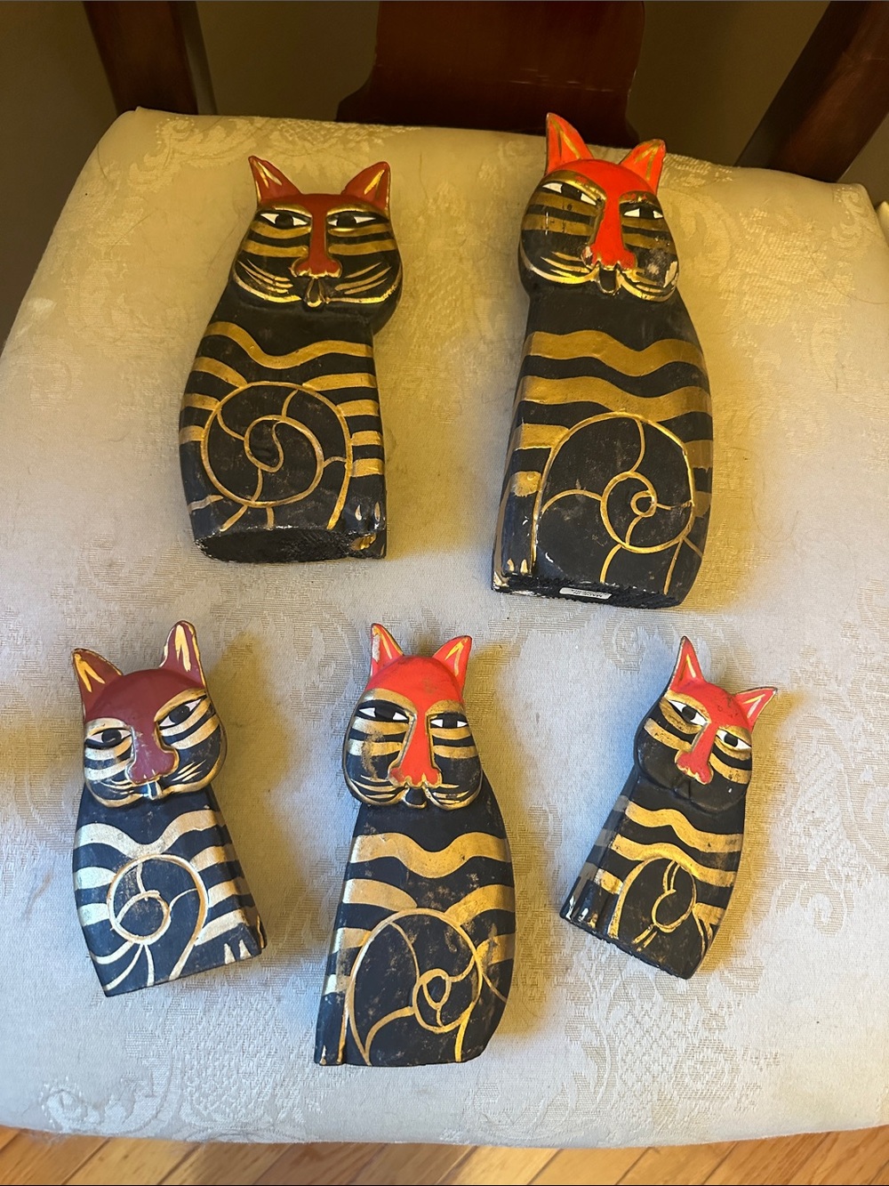 Laurel Burch vintage hand-carved, hand-painted wooden set of 5 cats, RARE!